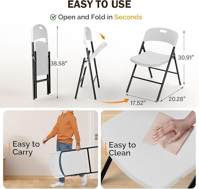 VINGLI Folding Chairs, Plastic Foldable Chair, Capacity up to 350 lbs, Portable Seating for Indoor Outdoor Events Parties Camping Work School Commercail (12, White)