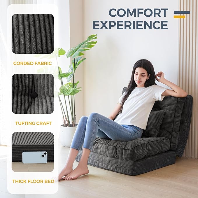 MAXYOYO Bean Bag Bed Tufted Folding Sofa Bed with Pillows Floor Mattress for Adults, Extra Thick and Long Floor Sofa, Single Couch for Bedroom Living Room, Dark Grey, 30x91 Inch