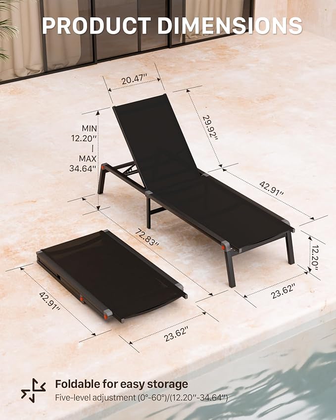 WOAJNQO Aluminum Patio Chaise Lounge Chair Set of 2 with Side Table,5-Position Adjustable Backrest,Foldable Lounge Chair Outdoor,Pool Lounge Chairs for Poolside,Lawn,Deck,Beach (Black, 2 Pack+Table)