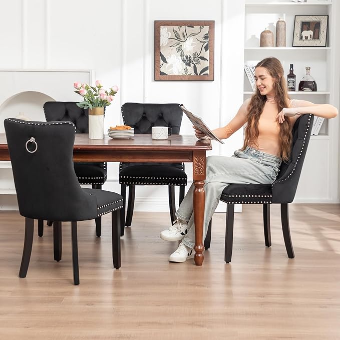 Kiztir Velvet Dining Chairs Set of 4, Upholstered Dining Room Chairs with Ring Pull Trim and Button Back, Luxury Tufted Dining Chairs for Living Room, Bedroom, Kitchen (Black)