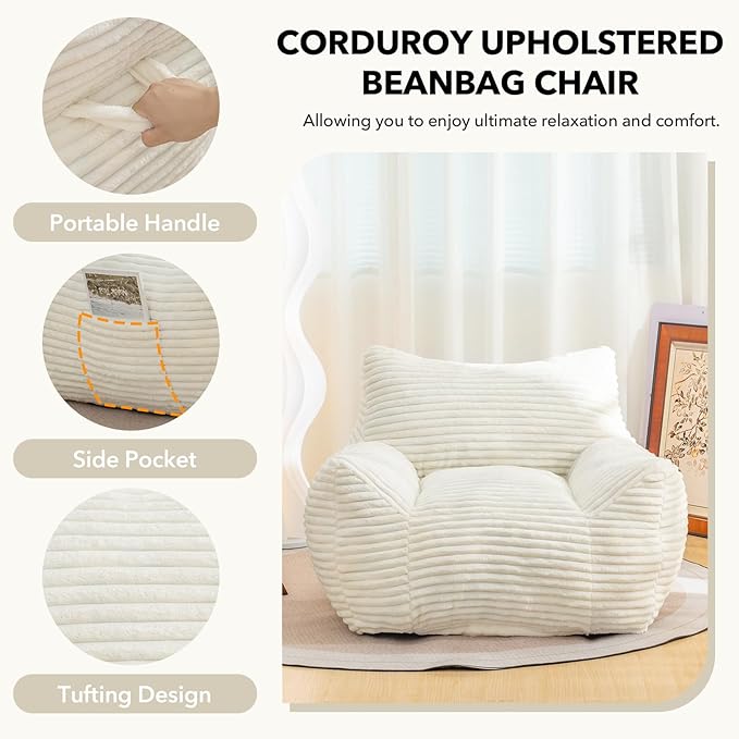 Giant Bean Bag Chair for Adults, Corduroy Upholstered Beanbag Chair with Side Pocket, Comfy Bean Bag Sofa with Portable Handle, Floor Sofa Chair for Bedroom (White)