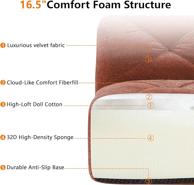 Modular Sectional Sofa with Free Combination,Boneless Floor Couch for Living Room & Lounge,Velvet 3-Seater Sectional Couch with 2 Ottomans,No Assembly Needed