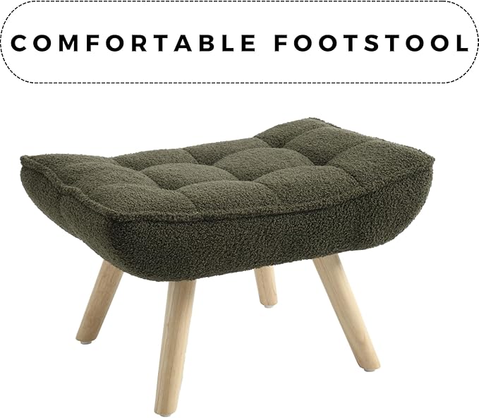 QUINJAY Modern Sherpa Accent Chair with Ottoman Set of 2, Fluffy Upholstered Lounge Chair with Footrest, Comfy Living Room Side Boucle Armchair for Small Space Bedroom, Green
