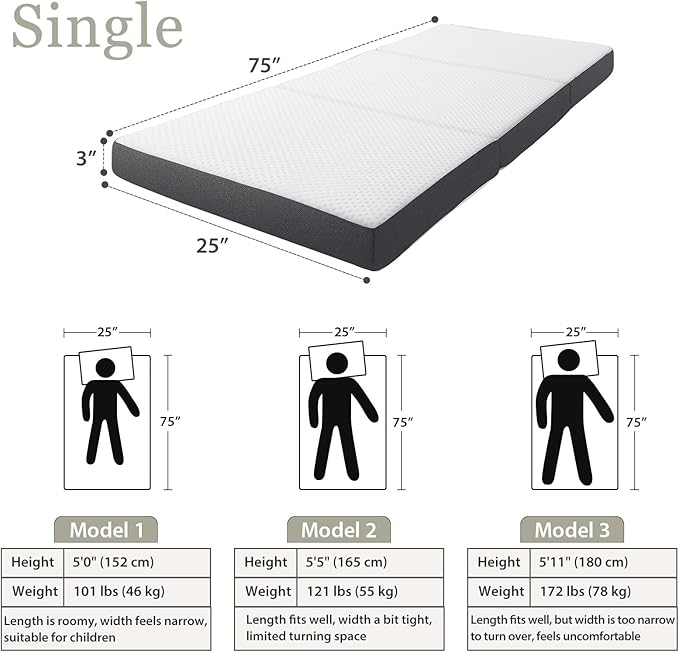 Tri Fold Memory Foam Foldable Mattress Twin, 3 inch Folding Mattress for Guest Sleep. Portable Trifold Mat with Removable Washable Cover, Floor Sleeping Mat for Adult and Kid