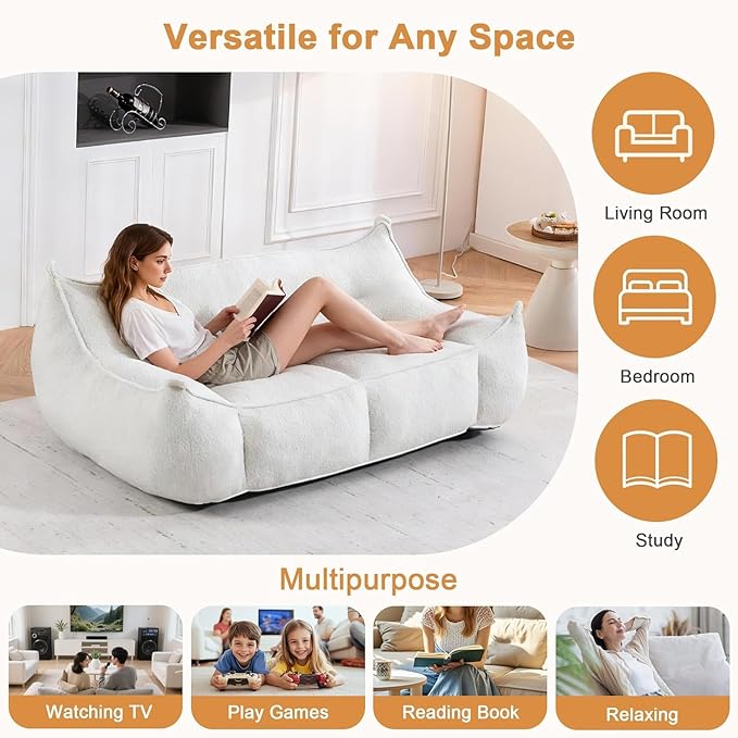 Giant Bean Bag Chair for Adults, Beige Loveseat Beanbag with Filling Plush Fluffy and Back Support, 2 Seater Lounge Lazy Floor Sofa, Memory Foam Couch for Living Room, Bedroom & Dorm