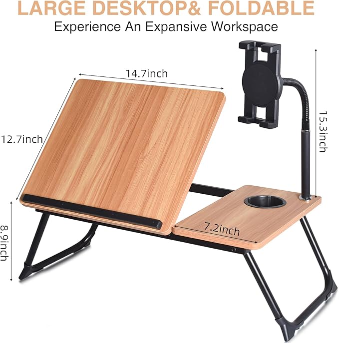 Adjustable Wooden Lap Desk with Flexible Stand, Natural Oak Color, Portable Workstation with Cable Management, Ergonomic Design for Home Office (Wood+Black)
