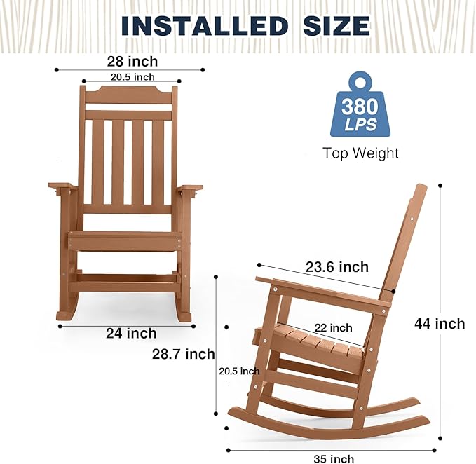 hOmeQomi Rocking Chairs Set of 2, All Weather Resistant Poly Lumber Outdoor Porch Rocker, Rocking Chairs for Outdoor, Indoor, Patio, Deck, Garden, Backyard, Load Bearing 380 lbs - Teak