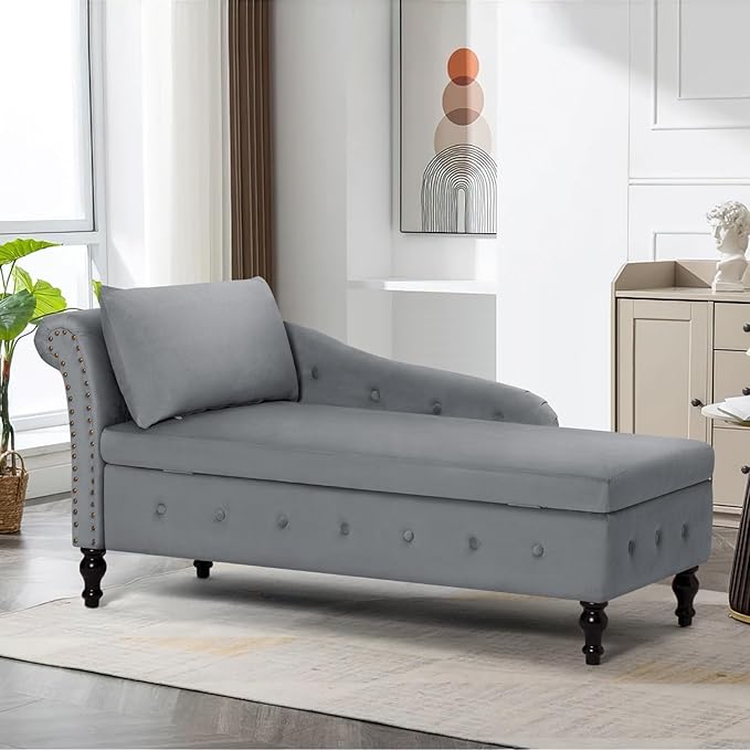 ACMEASE Upholstered Chaise Lounge with Left Armrest & Lumbar Pillow,Button Tufted Lounge Sofa with Storage,Lounge Chair Indoor,Modern Velvet Lounge Chair for Bedroom, Living Room and Office,Grey