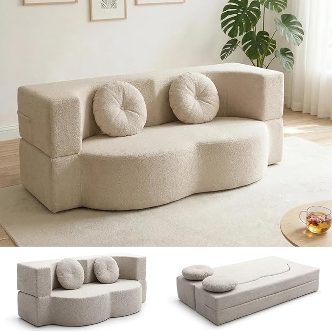 76" Convertible Folding Sofa Bed, 2-in-1 Twin Size Loveseat Sleeper Couch Bed with Two Pillows, Foldable Space-Saving | Design for Dorms Apartments Bedroom& Living Room,No Assemble(Khaki)