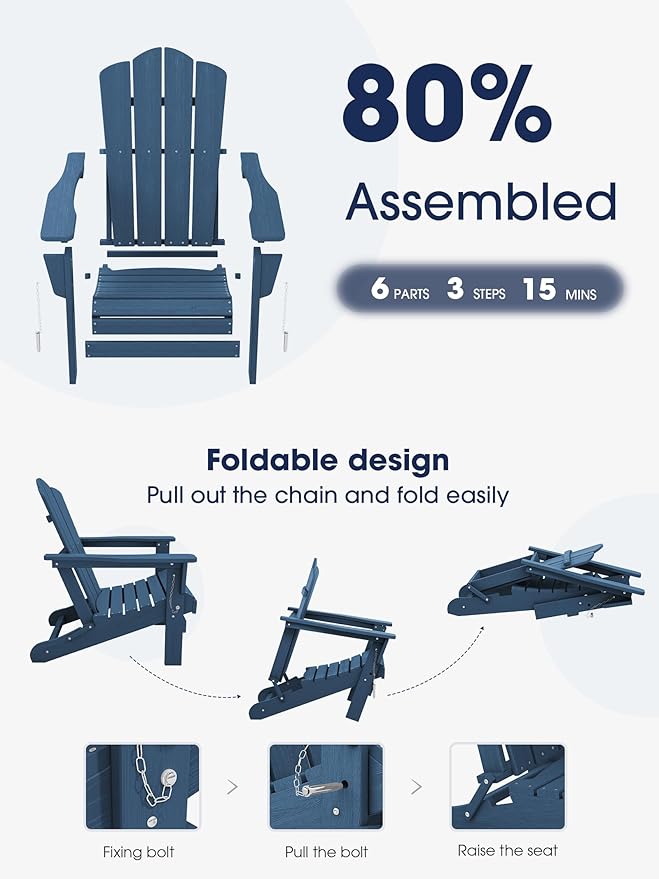 KINGYES Folding Adirondack Chair Set of 4, HDPE All-Weather Adirondack Chair, Navy