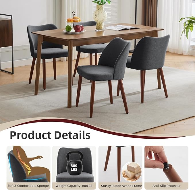ElfinAura Dining Chair Set of 6, Linen Upholstered Dining Chair with Wood Legs, Wing Backrest, Wooden Kitchen Chair, Kitchen Chairs with Thick Cushions for Dining Room, Living Room, Dark Grey