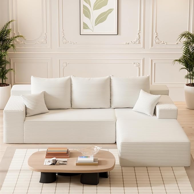 HYJT-H&K Modular Sectional Sofa Cloud Sectional Couch, 107" Comfy Fluffy L Shaped White Couches for Living Room Deep Seat Memory Foam Plush Corduroy Boneless Couch Sectionals Right Facing Chaise Sofa