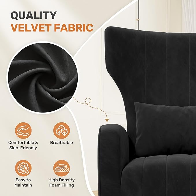 Nalupatio Modern Accent Chairs for Set of 2 Upholstered Velvet Fabric Reading Chair Mid Century Arm Chair Comfy Armchair for Living Room,Black