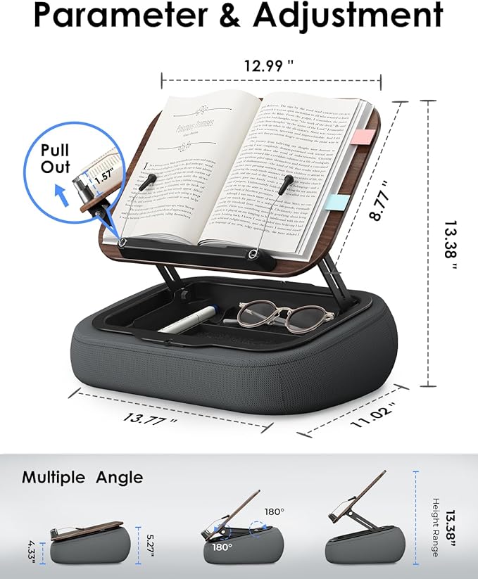 Viozon Lap Book Pillow Stand with Storage, Adjustable Beanbag Reading Pillow with Dark Wood Panel, Multi-Angle Book Holder for Hands-Free Reading in Bed or Sofa,Book Lover Essential,Soft Cushion