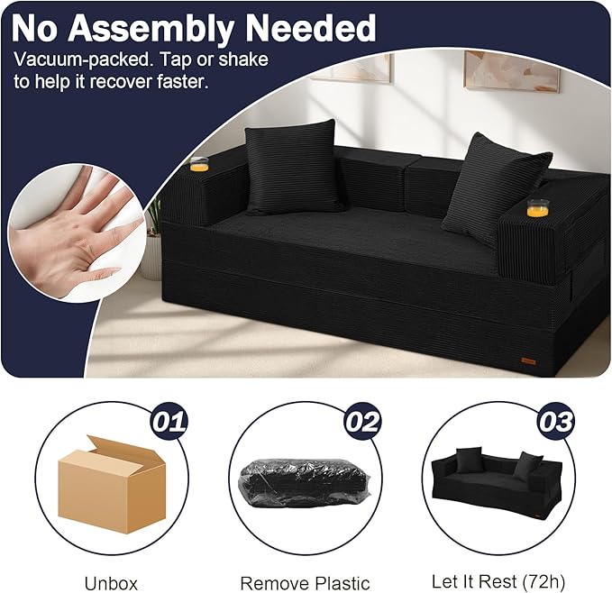 COMAX Futon Sofa Bed Queen, 79" Convertible Sofa Bed Couches for Living Room, 4 in 1 Folding Boneless Sleeper Corduroy Couch Loveseat Foam In a Box, Foldable Comfy Lounge Fold Out Floor Mattress Black