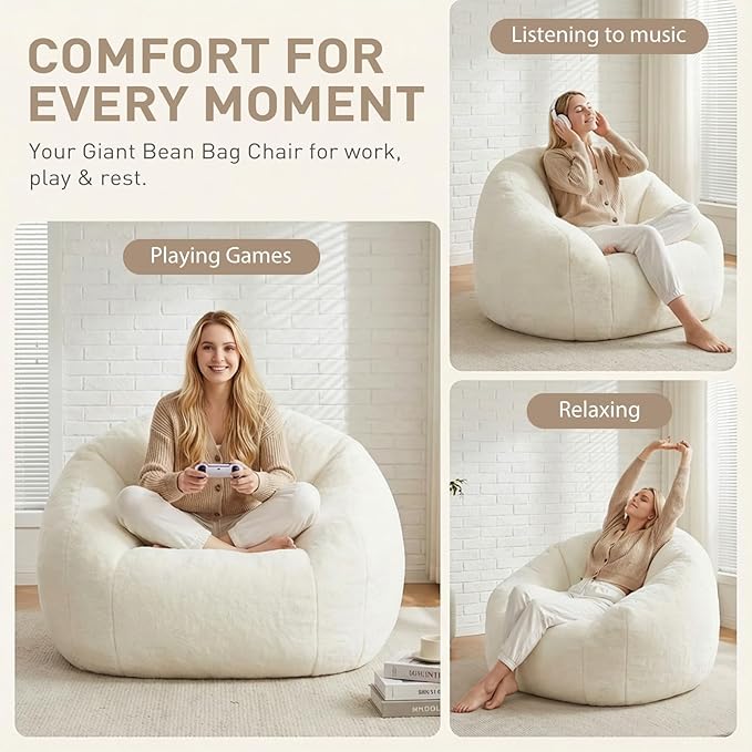 HUGHEAVEN Giant Bean Bag Chair, Oversized Bean Bag Chairs for Adults and Kids,Bean Bag Chairs for Teens,Comfy Fluffy Bean Bag Chair with Armrests,Bean Bag Sofa Lounge Floor Sofa for Gaming, Reading