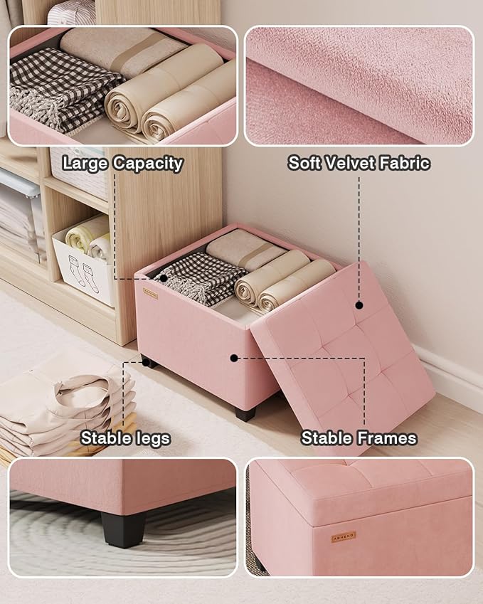 ABHENG 17.7 inches Velvet turfed Ottomans Cube with Storage, Metal-Framed Square Storage Ottoman Foot Rest Stool Holds 770 LB for Dorm Living Room Bedroom Pink UASND64P