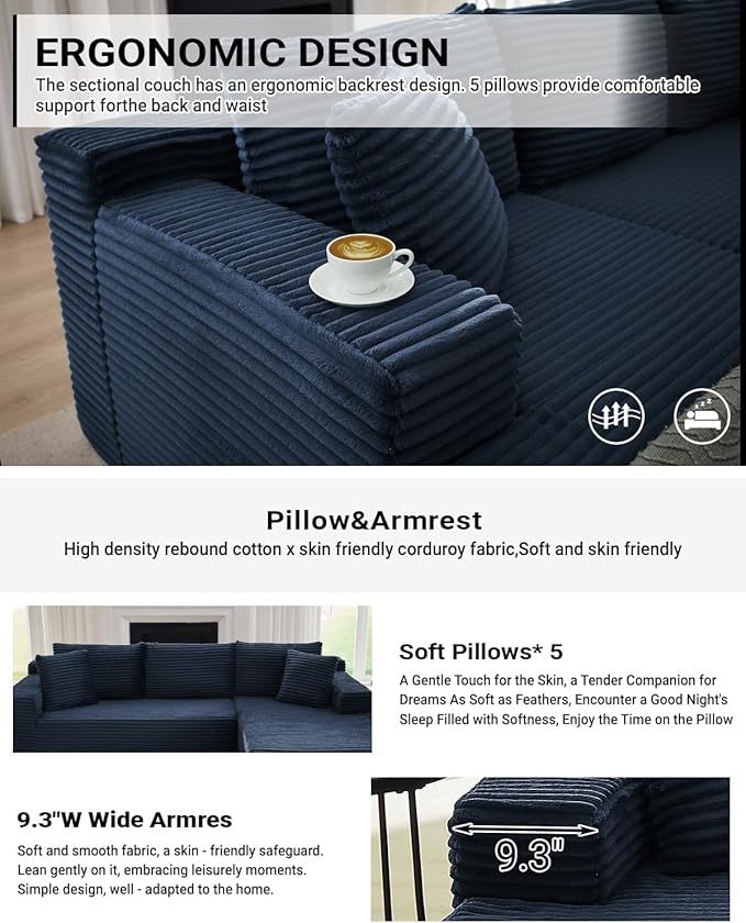 Vanress Cloud Couch Sectional, Corduroy Boneless Couch with L-Shape Chaise, Modern Modular Sectional Sofa Comfy Deep Seat for Living Room, Bedroom, No Assembly (Blue, Left Facing Chaise)