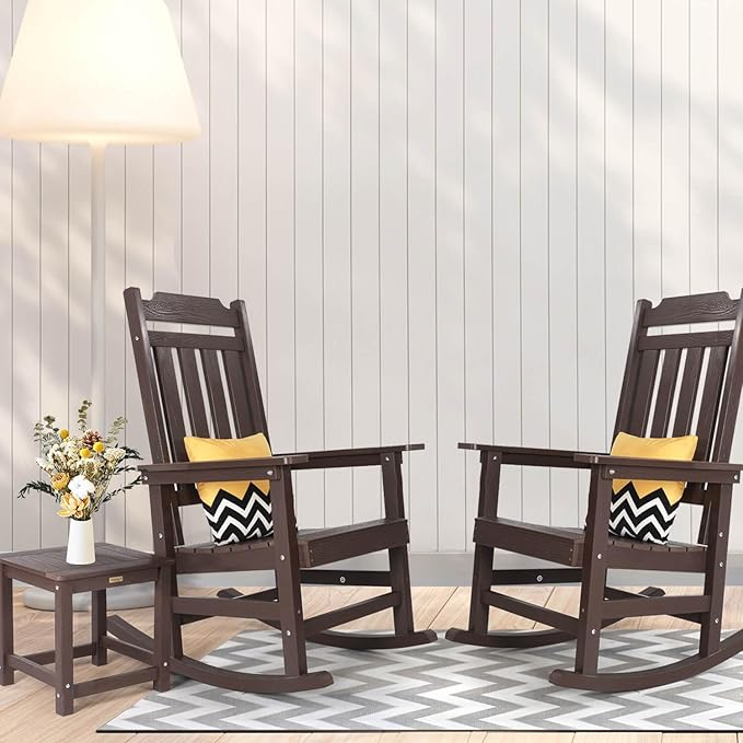 hOmeQomi Rocking Chairs Set of 2, All Weather Resistant Poly Lumber Outdoor Porch Rocker, Rocking Chairs for Outdoor, Indoor, Patio, Deck, Garden, Backyard, Load Bearing 380 lbs - Brown