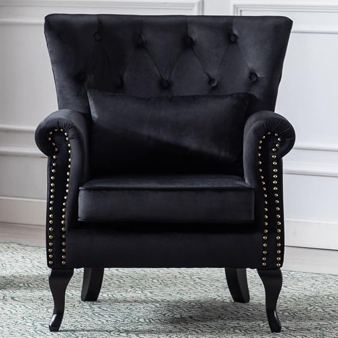 Janoray Mid Century Modern Accent Chair Upholstered Armchair Comfy Velvet Fabric Single Sofa with Tufted Wingback for Small Spaces Bedroom Living Room, Black