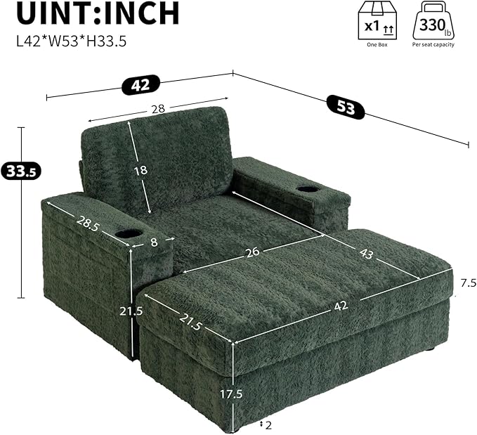 Merax Oversized Sleeper Chair with Storage Armrest & Ottoman, Cup Holders, Cloud Upholstered Chaise Lounge Recliner, Deep Seat Reading Couch Sofa Bed for Living Room Bedroom, Antique Green