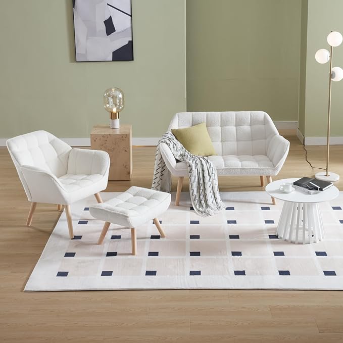 QUINJAY Modern Sherpa Accent Chair with Ottoman, Fluffy Upholstered Lounge Chair with Footrest, Comfy Living Room Side Boucle Armchair for Small Space Bedroom Apartment, White