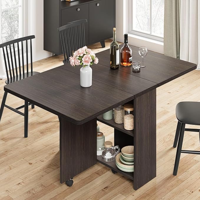 IDEALHOUSE Folding Dining Table, Drop Leaf Dining Table with 6 Wheels and 2-Layer Storage Shelf, Space Saving Kitchen Table for Small Spaces (Dark Walnut, 50.1" D x 31.4" W x 29.5" H)