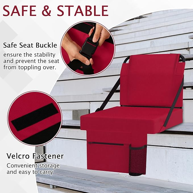 2pcs Stadium Seat for Bleachers with Back Support，Portable Bleacher Chairs with Back and Cushion，Includes Shoulder Strap and Cup Holder