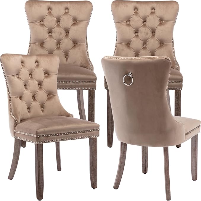 YeahFurn Espresso Brown Mid Century Modern Dining Chairs Set of 4, Velvet Upholstered Kitchen & Dining Room Chairs with Nailhead Trim & Solid Wood Legs, Elegant Sillas De Comedor (Coffee, 4 Pcs)