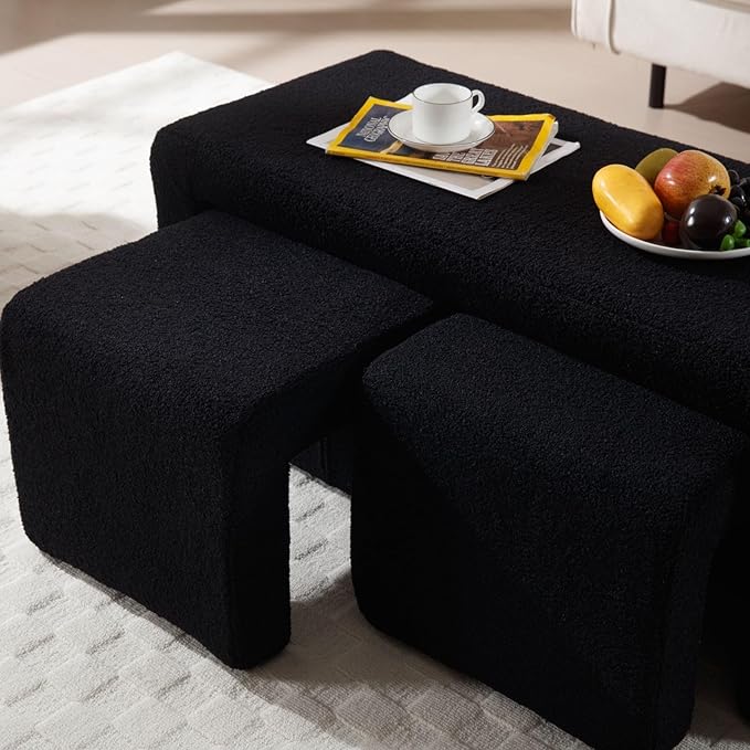 LukeAlon 3-Piece Nesting Ottoman Bench Set, 40.5" Wide Upholstered End of Bed Bench with 2 Small Stools Sherpa Comfy Entry Bench Vanity Bench Stools Modern Arched Bench for Living Room Bedroom, Black
