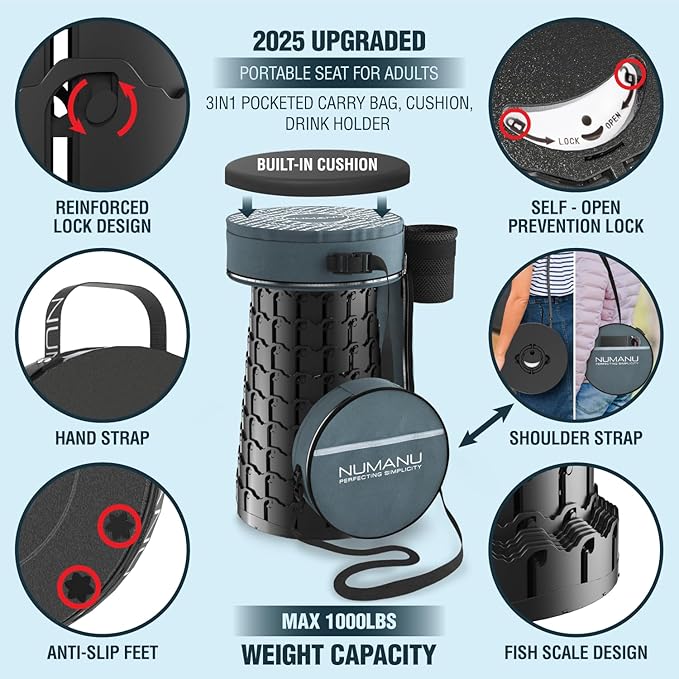 NUMANU 2025 Upgraded XXL Collapsible Stool & 3IN1 Cushioned Carry Bag, 2.7"-19.7" Height Adjustable, Max 1,000lbs Portable Retractable Telescoping Seat, Foldable Camping Stool for Adults (XXL Round)