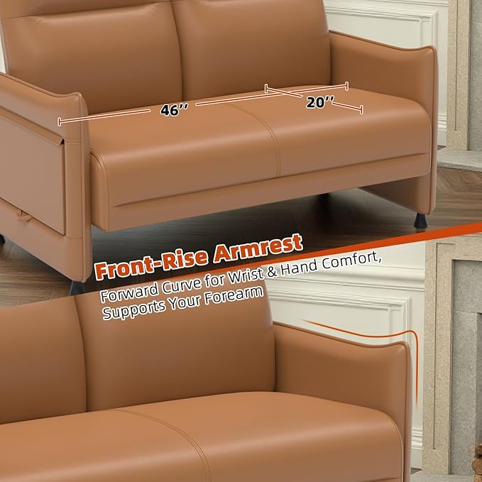 Faux Leather Loveseat, Upholstered Loveseat with Hidden Foldable Tray & Side Pocket, Front Contour Arm Design, Modern 2-Seater Sofa Couch for Compact Spaces, Brown