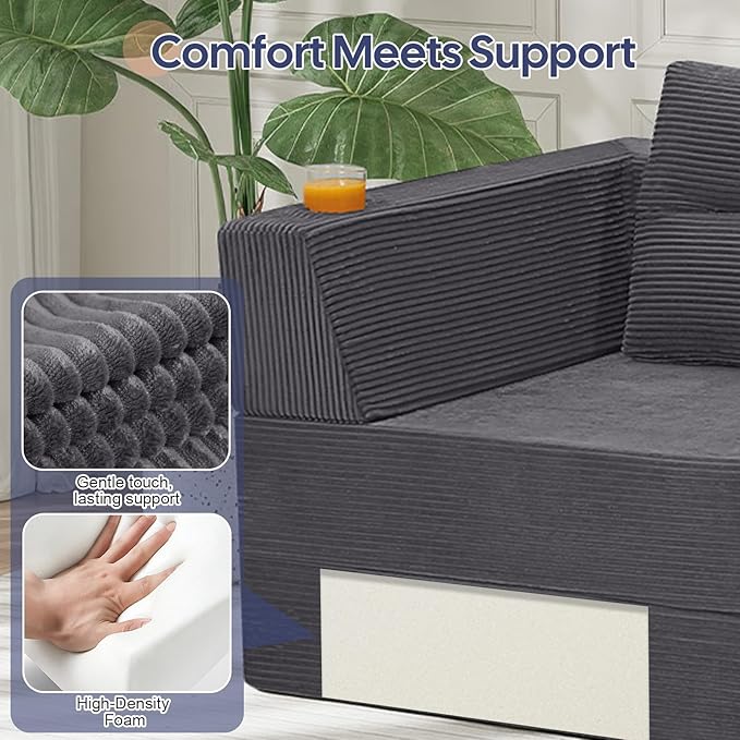 COMAX Futon Sofa Bed 3 Seater, 106" Convertible Sofa Bed Couches for Living Room, 4 in 1 Folding Boneless Sleeper Corduroy Couch Foam in a Box, Comfy Foldable Lounge Fold Out Floor Mattress, Grey