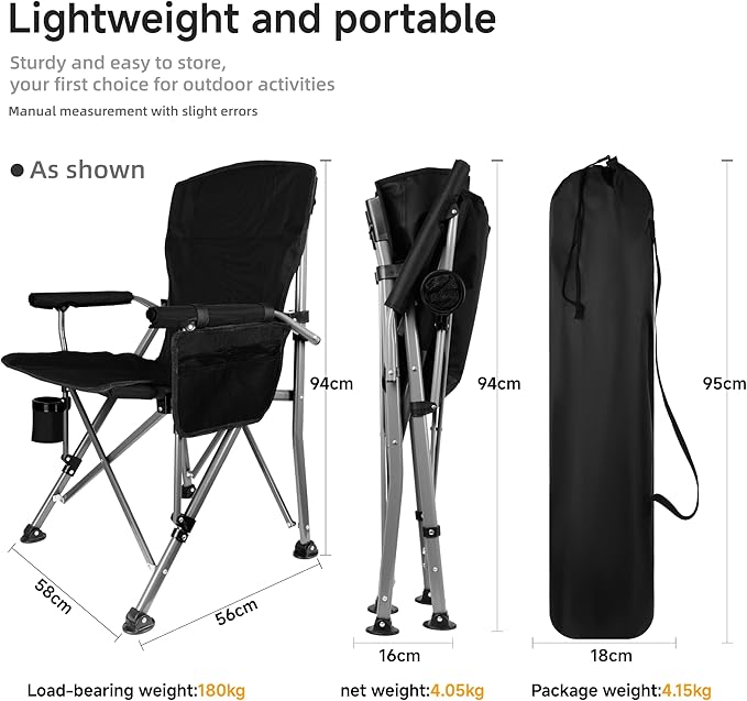 Folding Camping Chair with Cup Holder and Storage Bag, Heavy Duty Support 400 LBS, Oversized Collapsible Portable Camping Chair for Outdoor Camp, Picnic, Travel, Fishing Black