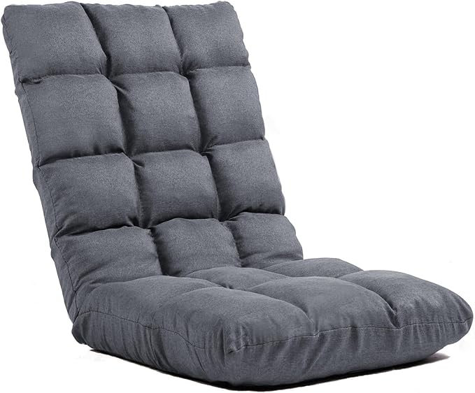 Folding Floor Gaming Chair with Back Support, 14-Position Adjustable Recliner - Padded Cushion with Breathable Linen & Cotton Blend for Adults & Kids, Perfect for Gaming, Reading & Meditation (Grey)
