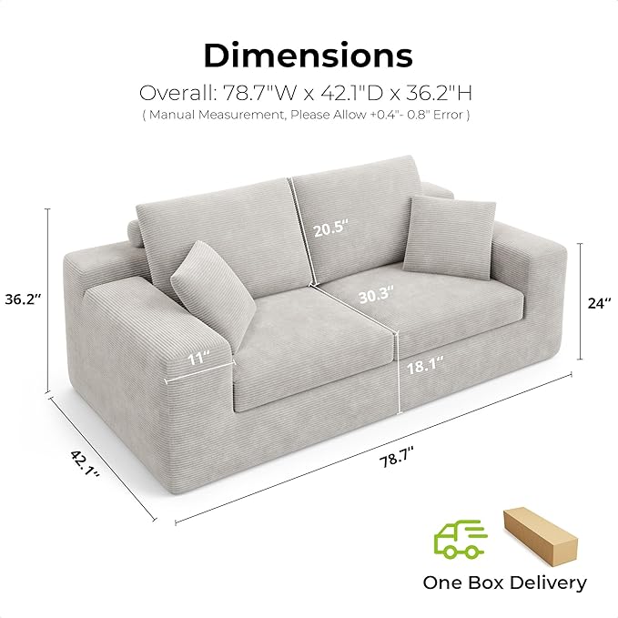 LIKIMIO 78" Loveseat Sofa in a Box, Cloud Boneless Couch for Living Room with Comfy Deep Seat, No Assembly Required, Modern Upholstered Corduroy Sofa, Apartment, Home Office, Greige