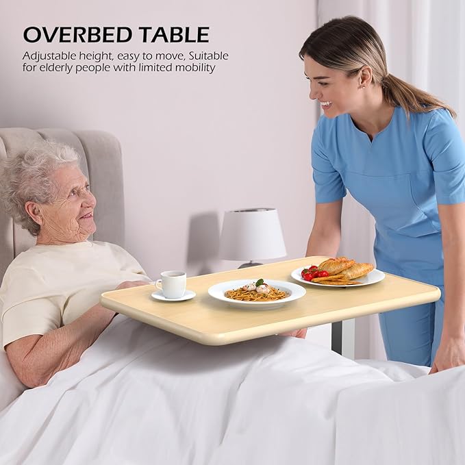 WOTURE Adjustable Overbed Table with Wheels, Bedside Rolling Table, Pneumatic Height Adjustment, Hospital Bed Table on Wheels, Standing Desk, Bedridden & Mobility Needs, Maple