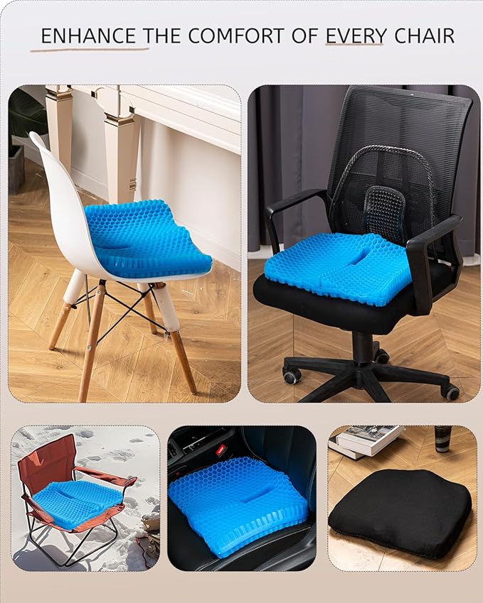 Anzeng Gel Seat Cushion for Long Sitting, Gel Cushion for Pressure Relief, Soft & Breathable, Chair Cushion for Office Chair, Car, Wheelchair, Seat Cushion with Non-Slip Black Cover