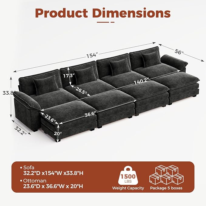 CDCASA 154" Oversized Modular Sectional Sofa Bed, Comfy Cloud Couch w/ 4 Ottoman, 8-Seater Chenille Deep Seat Sofa Bed Modern Sofa Couch for Living Room, Bedroom, Apartment, Office, Black