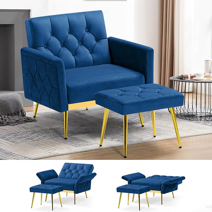 ACMEASE Velvet Accent Chair w/Adjustable Armrests and Backrests, Tufted Single Sofa with Ottoman, Upholstered Reading Chiar for Living Room, Apartment, Bedroom, Blue