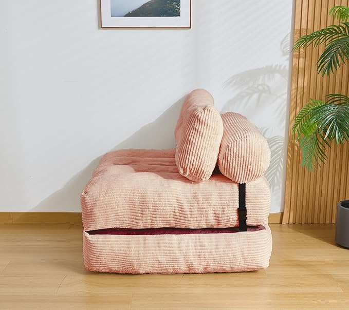 Kisoy Folding Sofa Bed, Convertible Sleeper Chair Couch Bed Faux Rabbit Fur for Adults, with Back Support Floor Couch Comfy Floor Sofa for Living Room Bedroom, Dusty Pink, Single