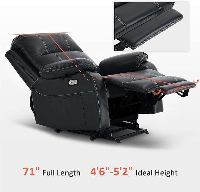 MCombo Small-Wide Power Lift Recliner Chair with Massage and Heat for Petite Elderly People, 3 Positions, 2 Side Pockets, USB Ports, Faux Leather R7410 (Black, Small-Wide)