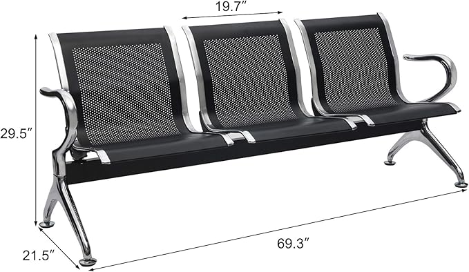 Kinfant 3-Seat Waiting Room Chairs Set - Office Guest Reception Seat Bench with Arms for Airport, Hospital, Bank, Salon, Barbershop, Hall, Room Conference(Black Mesh, Set of 3)