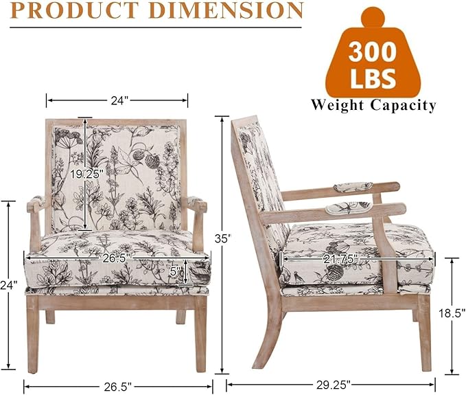 DM Furniture Floral Accent Chair Set of 2 Mid-Century Modern Living Room Chairs Upholstered Linen Lounge Armchair with Solid Wood Frame & Removable Cushion for Bedroom, Balcony, Floral Pattern