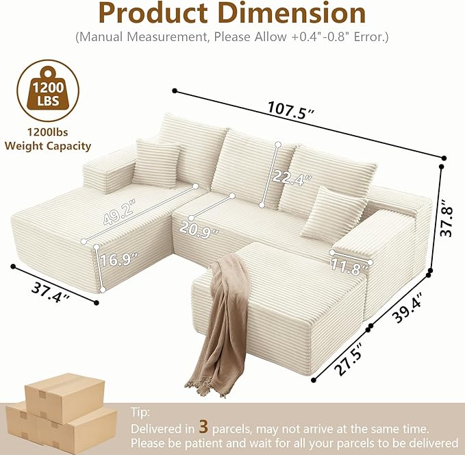 Lakifun 107" L-Shape Sofa with Ottoman, Modern Modular Sectional Comfy U-Shape Cloud Couch, Deep Seat, Upholstered Corduroy Sleeper Chaise Longue for Living Room Bedroom, No Assembly Required, White