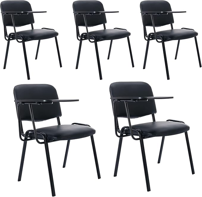 HNY Black Tablet Arm Chairs Set of 5, PU Comfort Office Waiting Room Guest Nesting Stacking Reception Chairs with Flip-Up Table Conference Chairs for School Classroom Training Meeting Room