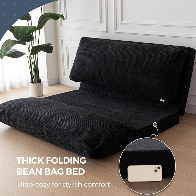 MAXYOYO Folding Sofa Bed, Extra Thick and Long Floor Sofa Convertible Sleeper Chair with Washable Cover, Floor Couch Lounge Bean Bag Bed for Living Room, Black, 30"x95"