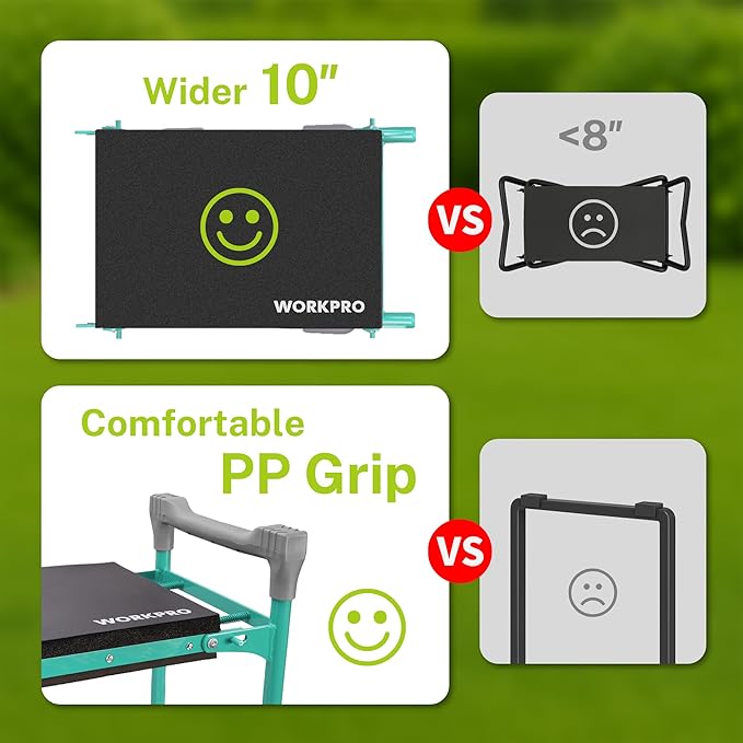 WORKPRO Garden Kneeler and Seat, 10" Wider Heavy Duty Foldable Gardener Stool with 2 Tool Bag Pouchs, NBR & EVA Foam Pad, Outdoor Portable Kneeler Bench for Gardening