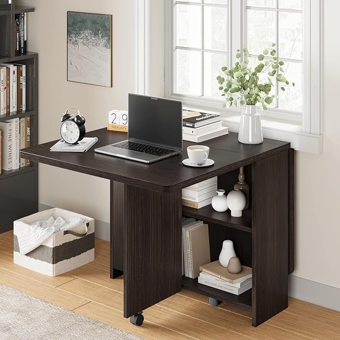 IDEALHOUSE Folding Dining Table, Drop Leaf Dining Table with 6 Wheels and 2-Layer Storage Shelf, Space Saving Kitchen Table for Small Spaces (Dark Walnut, 50.1" D x 31.4" W x 29.5" H)