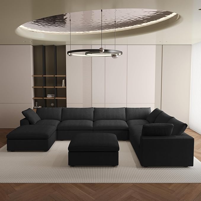 8 Seater Cloud Sectional Couch, Oversize Modular Sofa, Modern Comfy Cloud Sofa with Storage Ottomans, Covers Removable, Convertible Sleeper Couch for Living Room Apartment (Black, Linen Fabric)